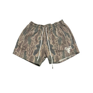 Goat Strength Sweat Shorts Womens Size M Green Brown Camo Print Pockets NWT
